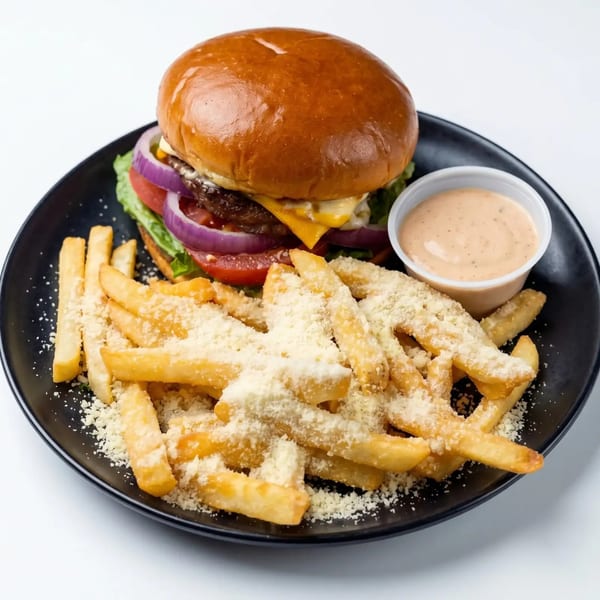 A cheeseburger with lettuce, tomato, and onion, served with parmesan fries and dipping sauce.
