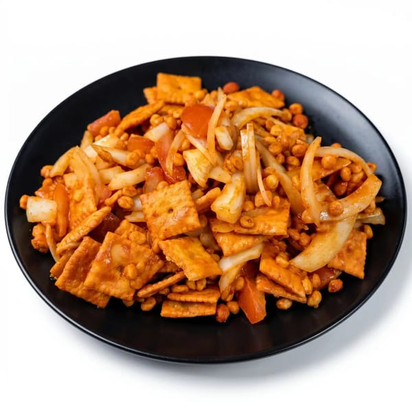 A black plate filled with a savory snack of crackers, peanuts, onions, and tomatoes.