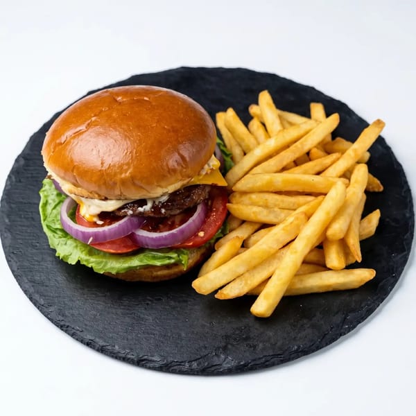 A juicy burger with lettuce, tomato, onion, and cheese, served with golden french fries on a black plate.