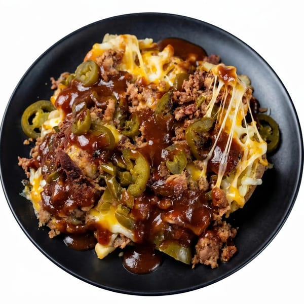 A loaded baked potato with melted cheese, ground meat, jalapeños, and barbecue sauce on a black plate.