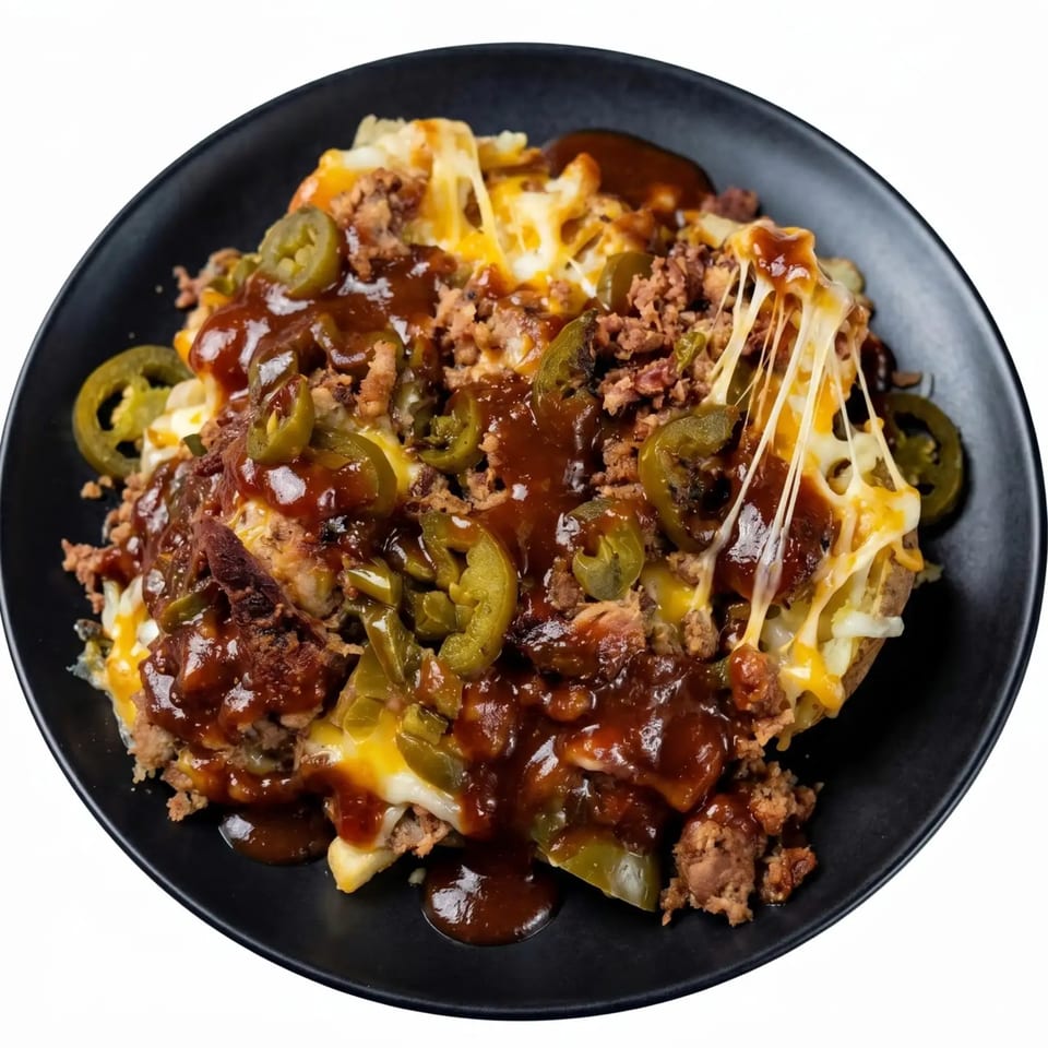 A loaded baked potato with melted cheese, ground meat, jalapeños, and barbecue sauce on a black plate.