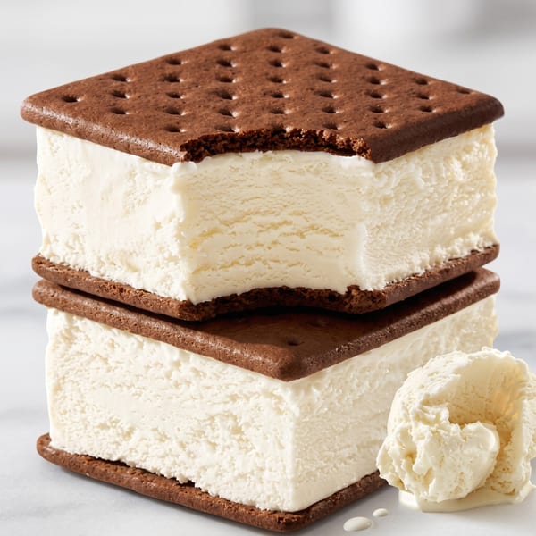 Two stacked ice cream sandwiches with chocolate wafers and vanilla ice cream, one with a bite taken.