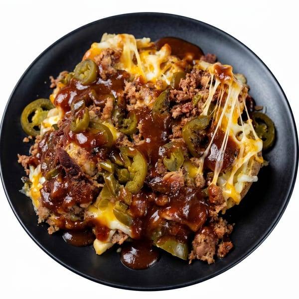 Loaded baked potato with melted cheese, ground meat, jalapeños, and barbecue sauce on a black plate.