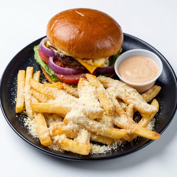 Cheeseburger with lettuce, tomato, and red onion, served with parmesan fries and dipping sauce.