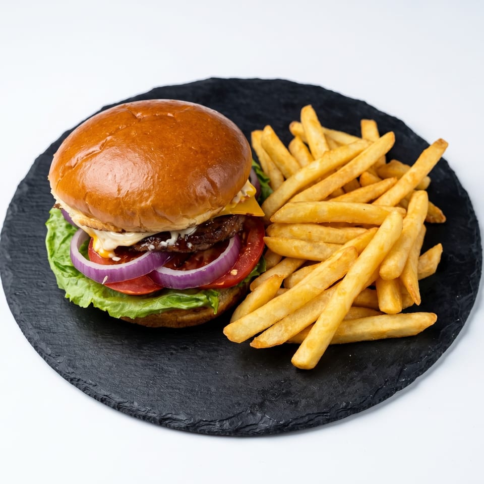 A cheeseburger with lettuce, tomato, and onion, served with a side of golden french fries on a black slate.