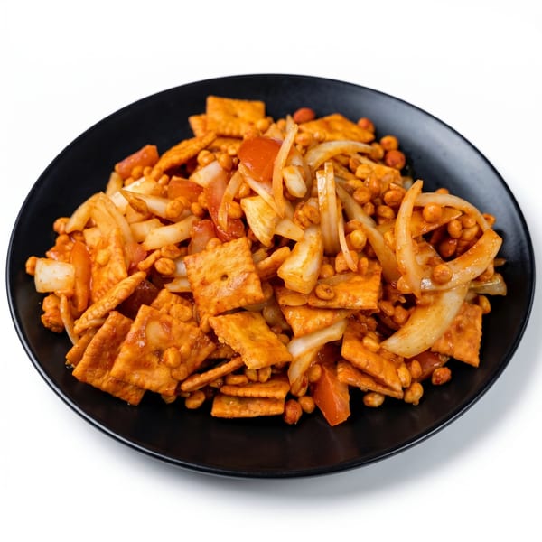 Spicy cracker and peanut salad with onions and tomatoes on a black plate.